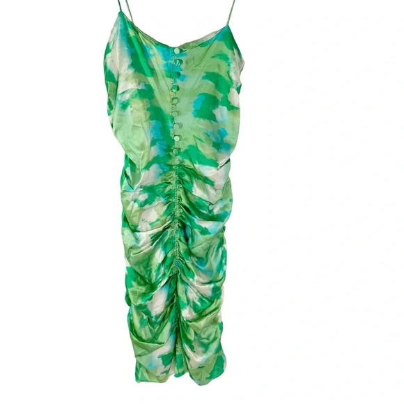 GANNI Silk Stretch Satin Ruched Mini Dress Lily Green Size 34 or US XS NWT - Picture 6 of 12